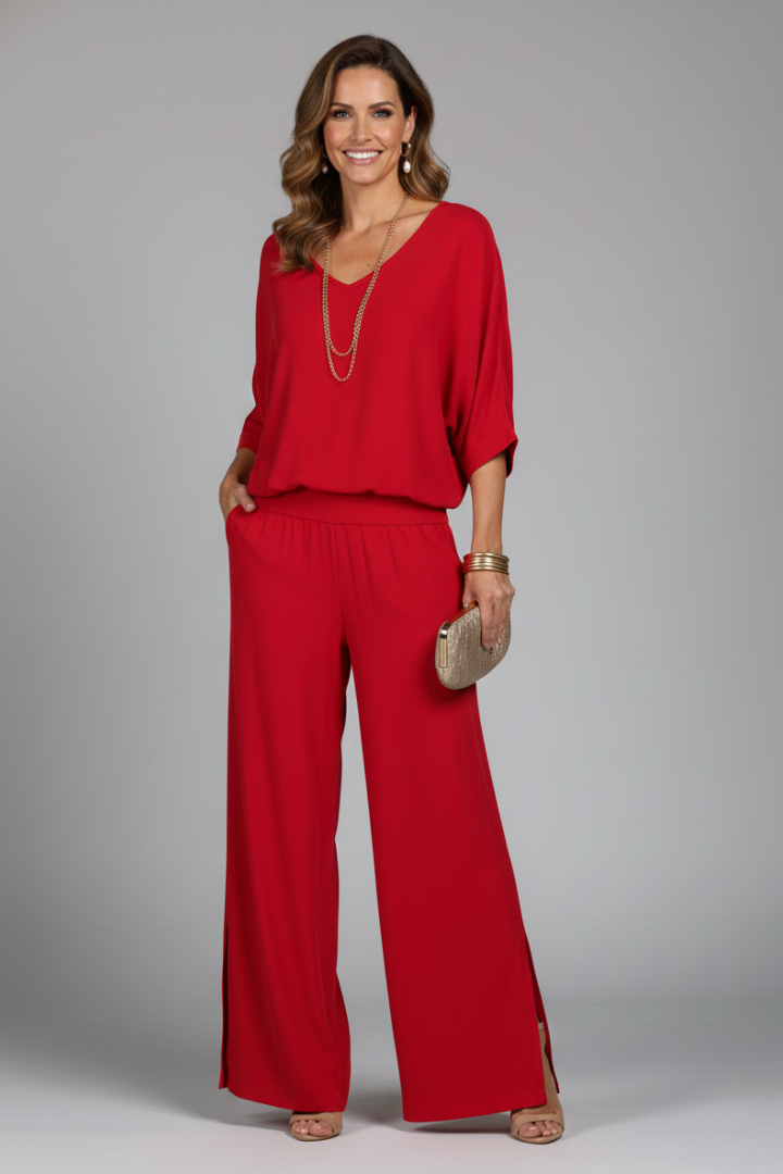 Chiffon Overlay Batwing Top and Wide Leg Pant Set