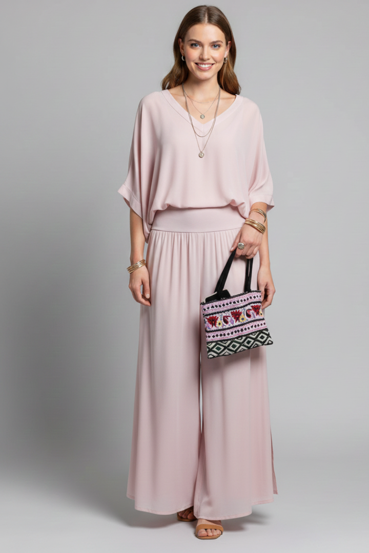 Chiffon Overlay Batwing Top and Wide Leg Pant Set
