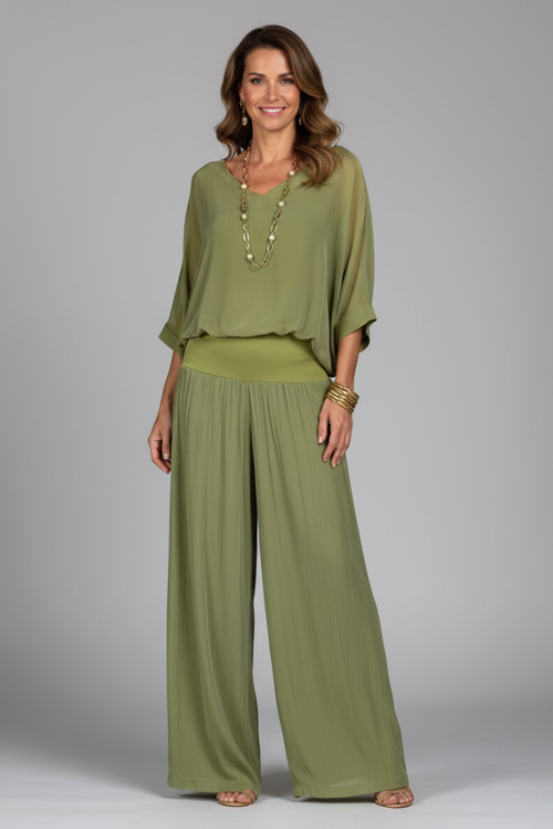 Chiffon Overlay Batwing Top and Wide Leg Pant Set