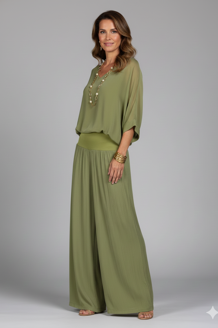 Chiffon Overlay Batwing Top and Wide Leg Pant Set