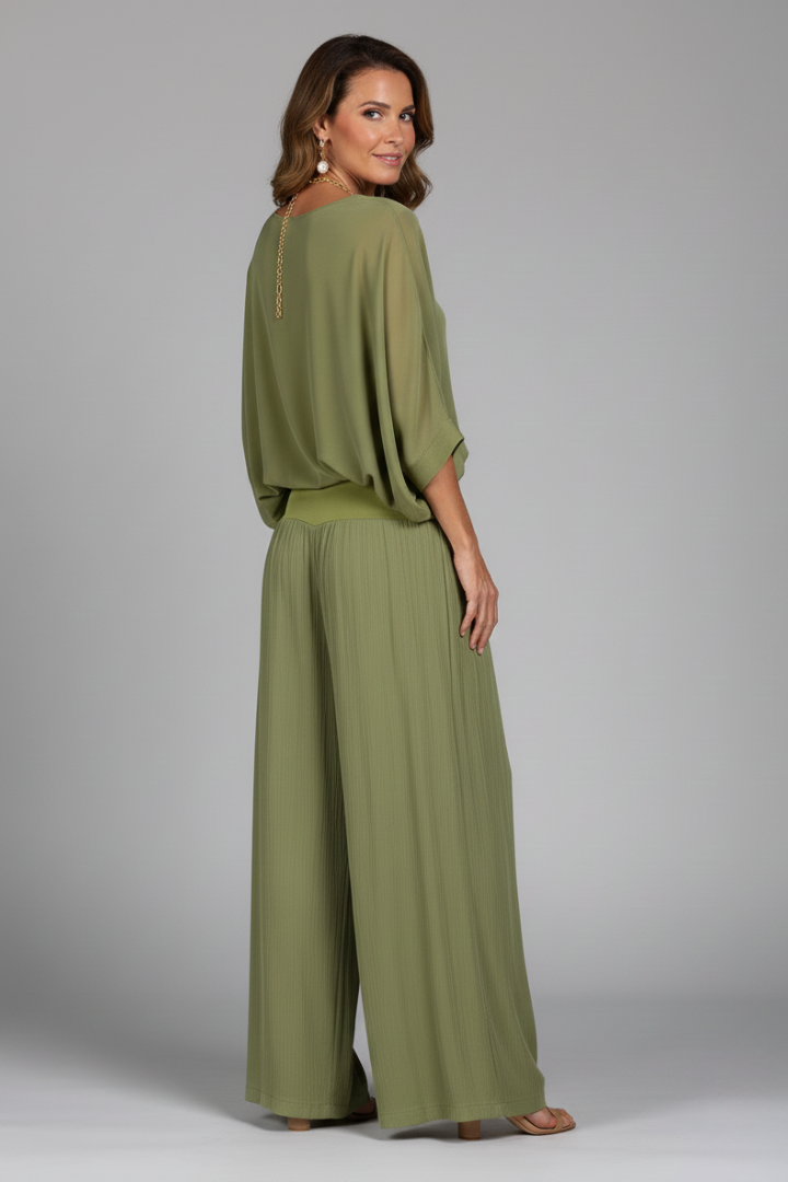 Chiffon Overlay Batwing Top and Wide Leg Pant Set