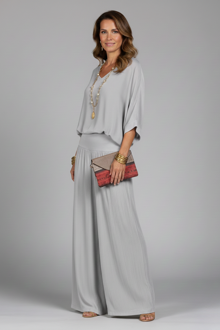 Chiffon Overlay Batwing Top and Wide Leg Pant Set