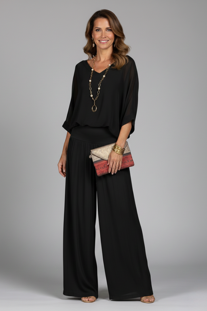Chiffon Overlay Batwing Top and Wide Leg Pant Set
