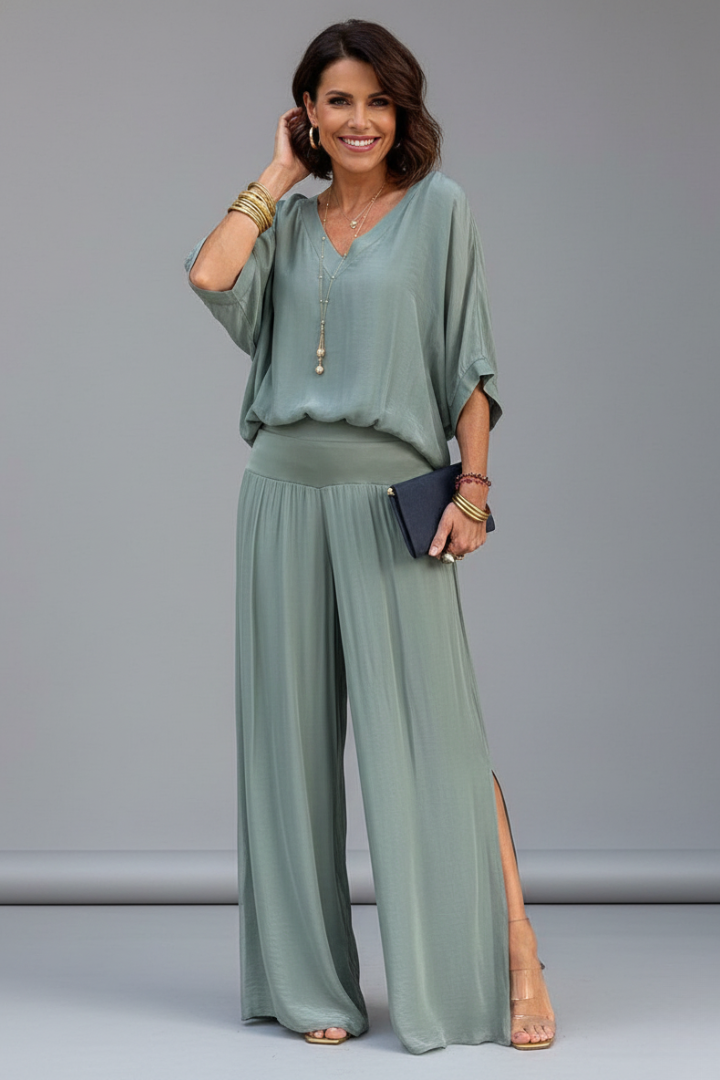 Chiffon Overlay Batwing Top and Wide Leg Pant Set
