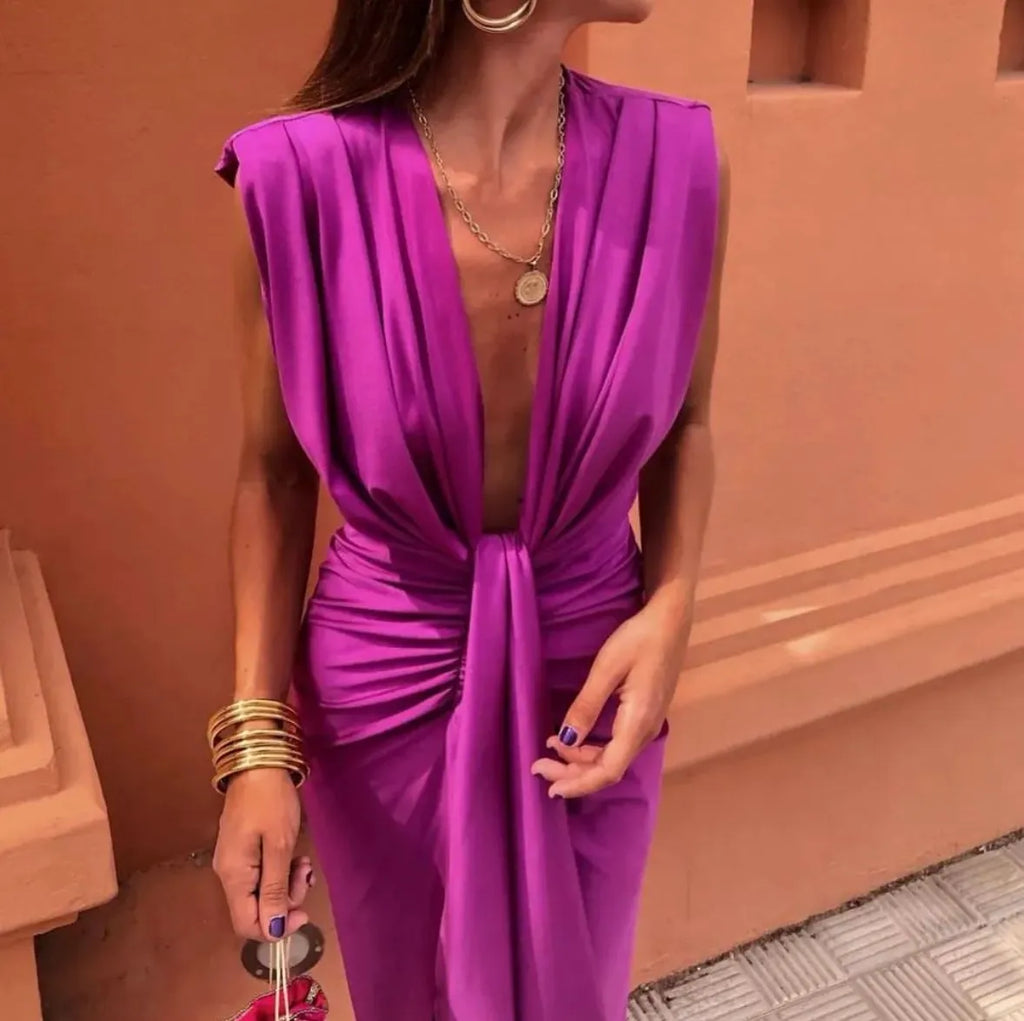 Draped Plunge Neck Twist Knot Waist Sleeveless Maxi Dress - Formal Evening Gown