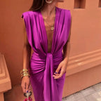 Draped Plunge Neck Twist Knot Waist Sleeveless Maxi Dress - Formal Evening Gown