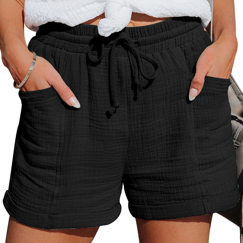 Drawstring Waist Roll Cuff Pocket Casual Cotton Short
