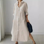 Collar Neck Chest Pocket Roll Sleeve Longline Linen Shirt Midi Dress