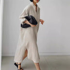 Collar Neck Chest Pocket Roll Sleeve Longline Linen Shirt Midi Dress