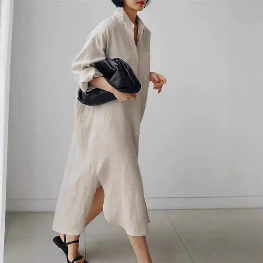 Collar Neck Chest Pocket Roll Sleeve Longline Linen Shirt Midi Dress
