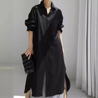 Collar Neck Chest Pocket Roll Sleeve Longline Linen Shirt Midi Dress