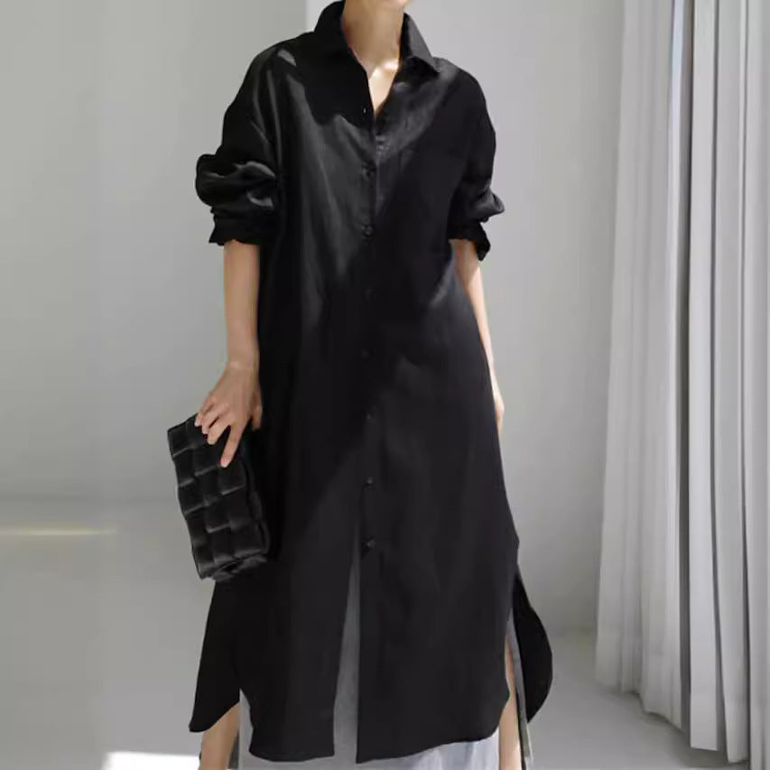 Collar Neck Chest Pocket Roll Sleeve Longline Linen Shirt Midi Dress
