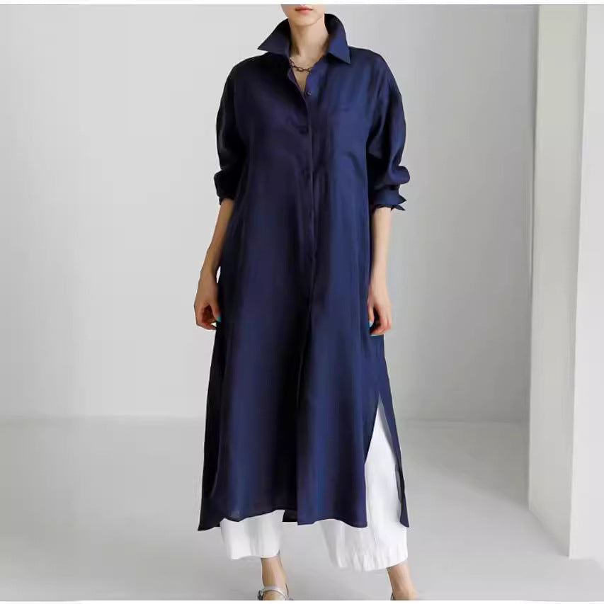 Collar Neck Chest Pocket Roll Sleeve Longline Linen Shirt Midi Dress