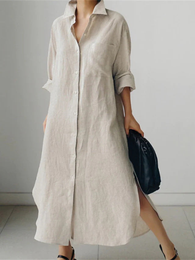 Collar Neck Chest Pocket Roll Sleeve Longline Linen Shirt Midi Dress