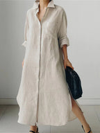 Collar Neck Chest Pocket Roll Sleeve Longline Linen Shirt Midi Dress