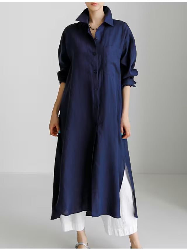 Collar Neck Chest Pocket Roll Sleeve Longline Linen Shirt Midi Dress