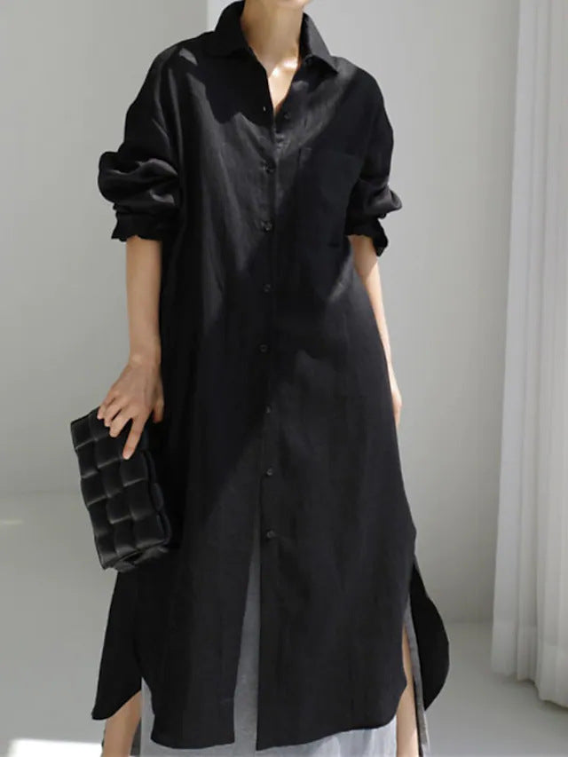 Collar Neck Chest Pocket Roll Sleeve Longline Linen Shirt Midi Dress