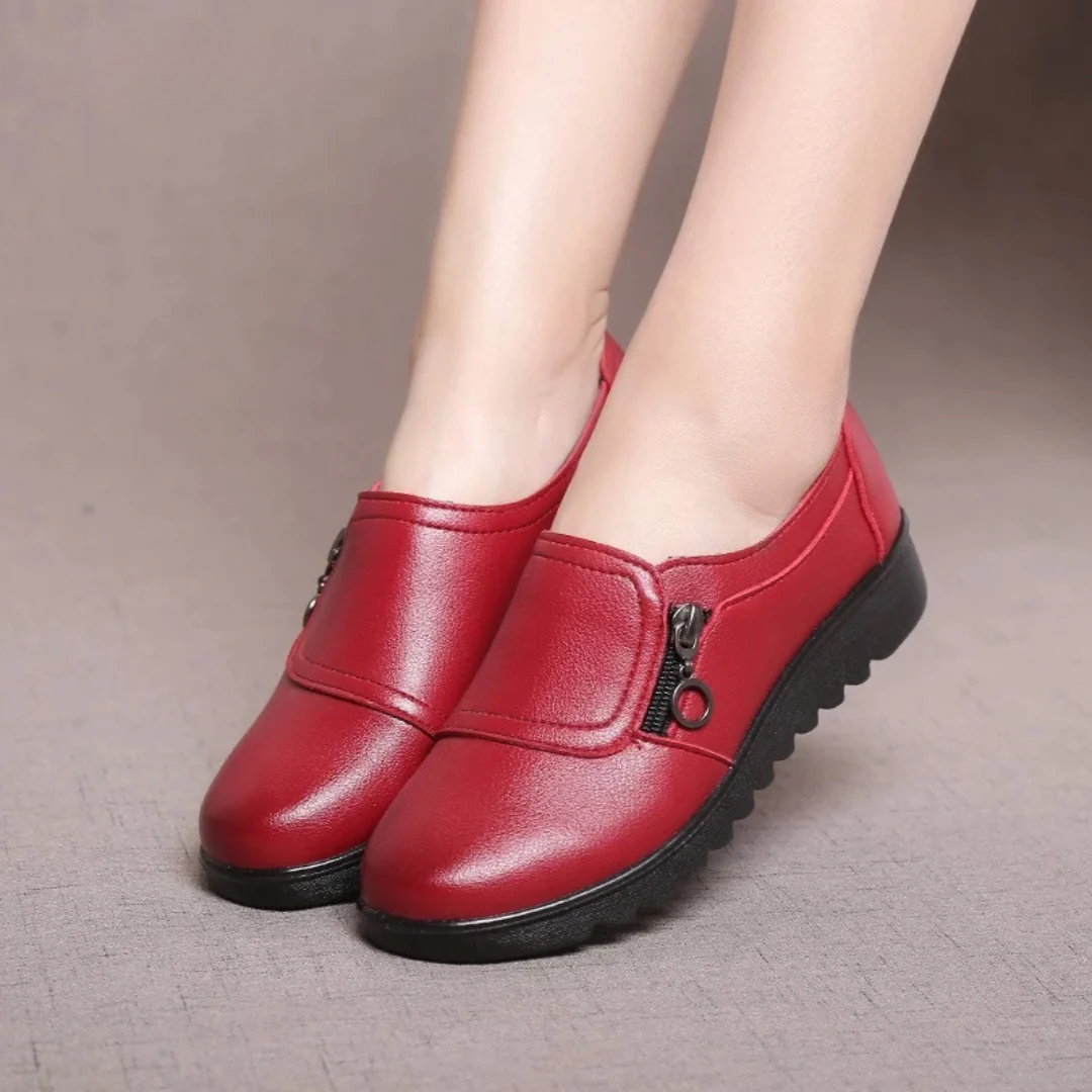 Zip Side Leather Slip On Casual Flat Loafer