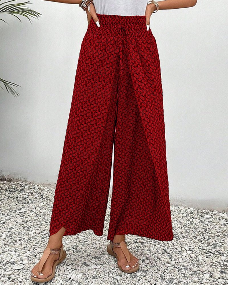 Geometric Print Smocked Waist Drawstring Wide Leg Pant