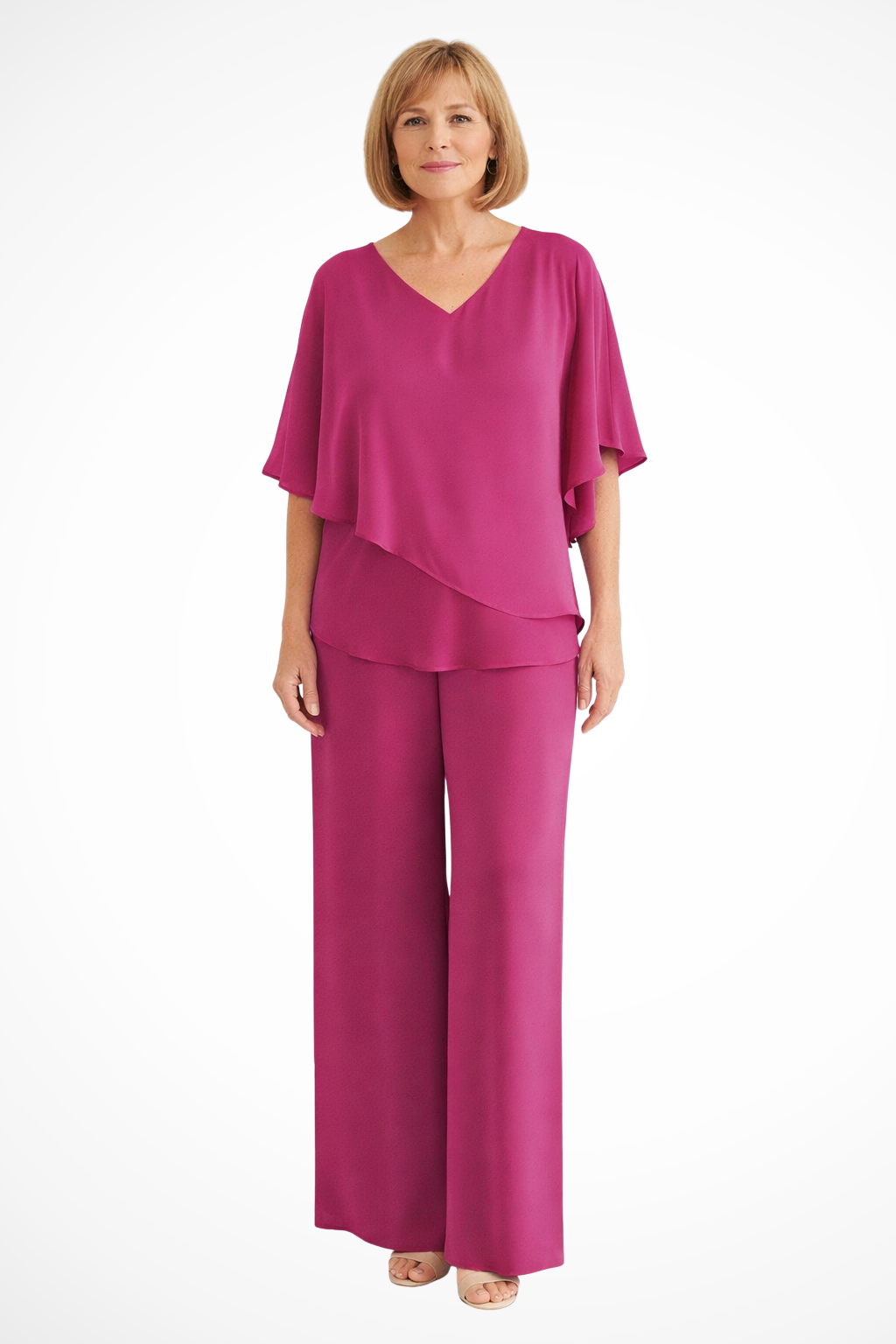 Chiffon Cape V-Neck Top & Wide Leg Trouser Two Piece Set