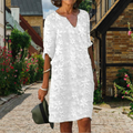 Floral Appliqué Notch Neck 3/4 Sleeve Relaxed Casual Midi Dress