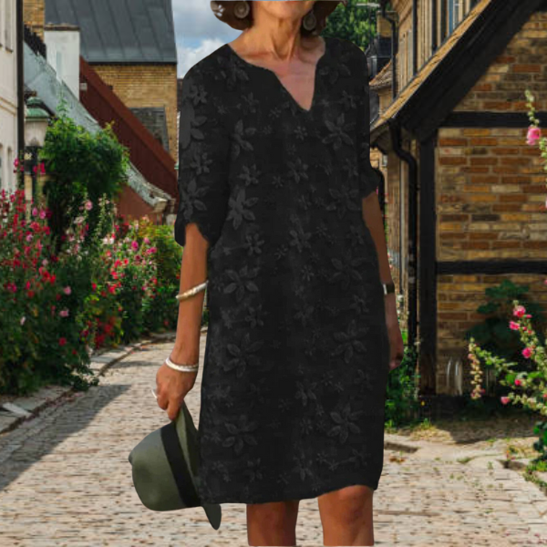 Floral Appliqué Notch Neck 3/4 Sleeve Relaxed Casual Midi Dress