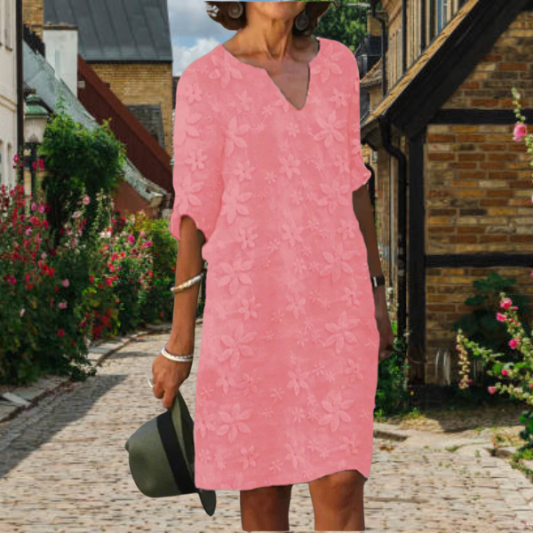 Floral Appliqué Notch Neck 3/4 Sleeve Relaxed Casual Midi Dress