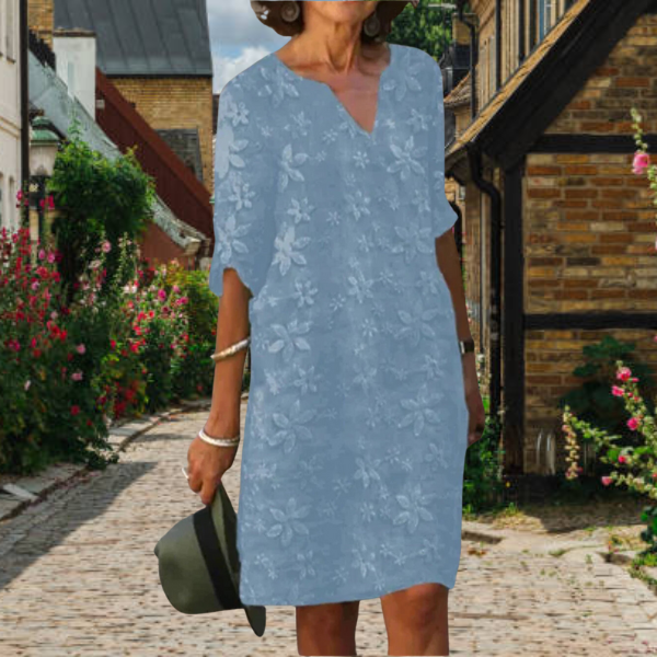 Floral Appliqué Notch Neck 3/4 Sleeve Relaxed Casual Midi Dress