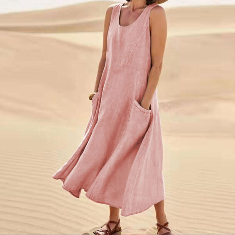 Linen Sleeveless Scoop Neck Pocket Casual Maxi Dress