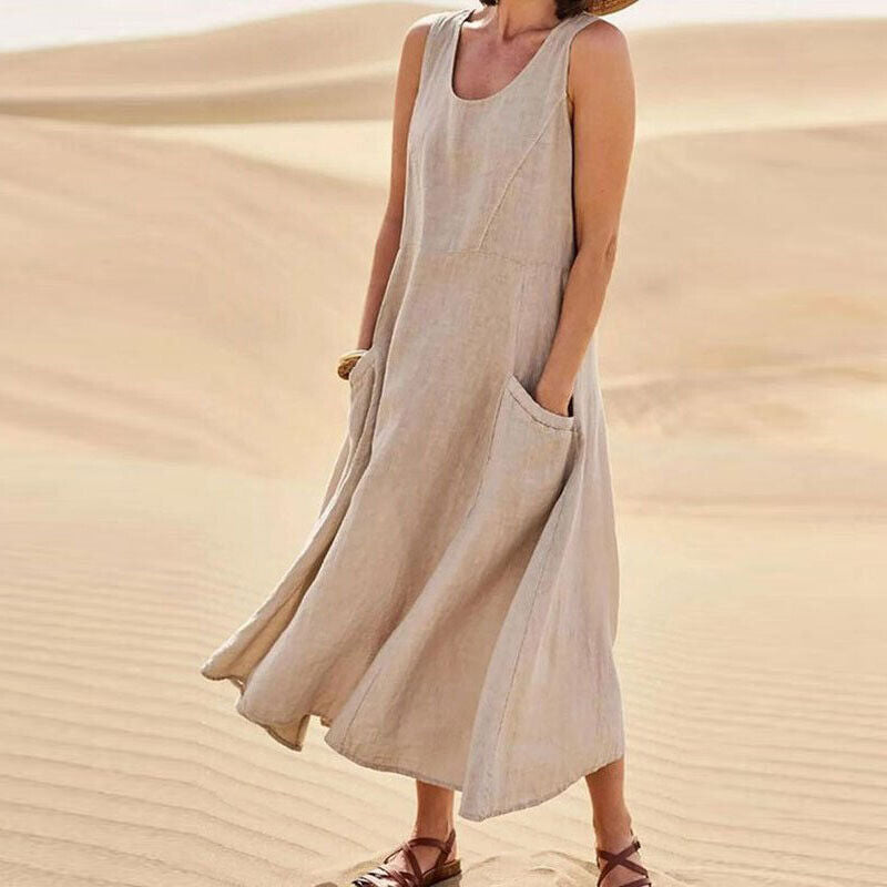 Linen Sleeveless Scoop Neck Pocket Casual Maxi Dress