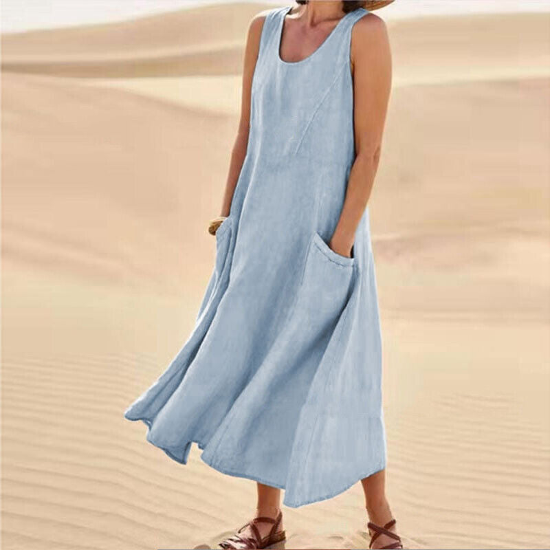 Linen Sleeveless Scoop Neck Pocket Casual Maxi Dress