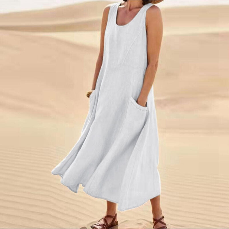 Linen Sleeveless Scoop Neck Pocket Casual Maxi Dress