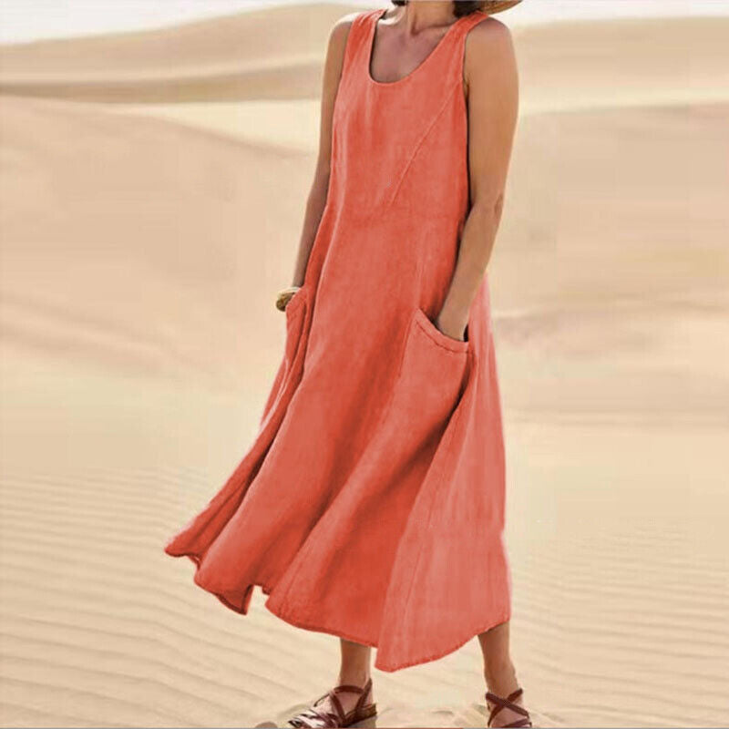 Linen Sleeveless Scoop Neck Pocket Casual Maxi Dress