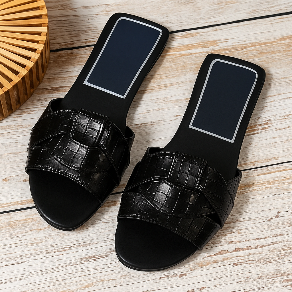 Woven Knot Strap Square Toe Flat Slide Sandal