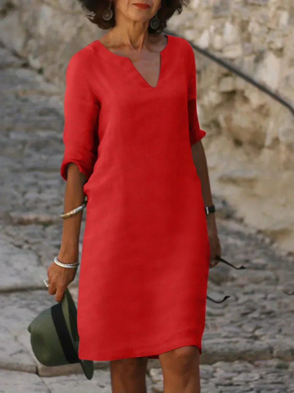 Three Quarter Sleeve V Neck Relaxed Linen Midi Dress