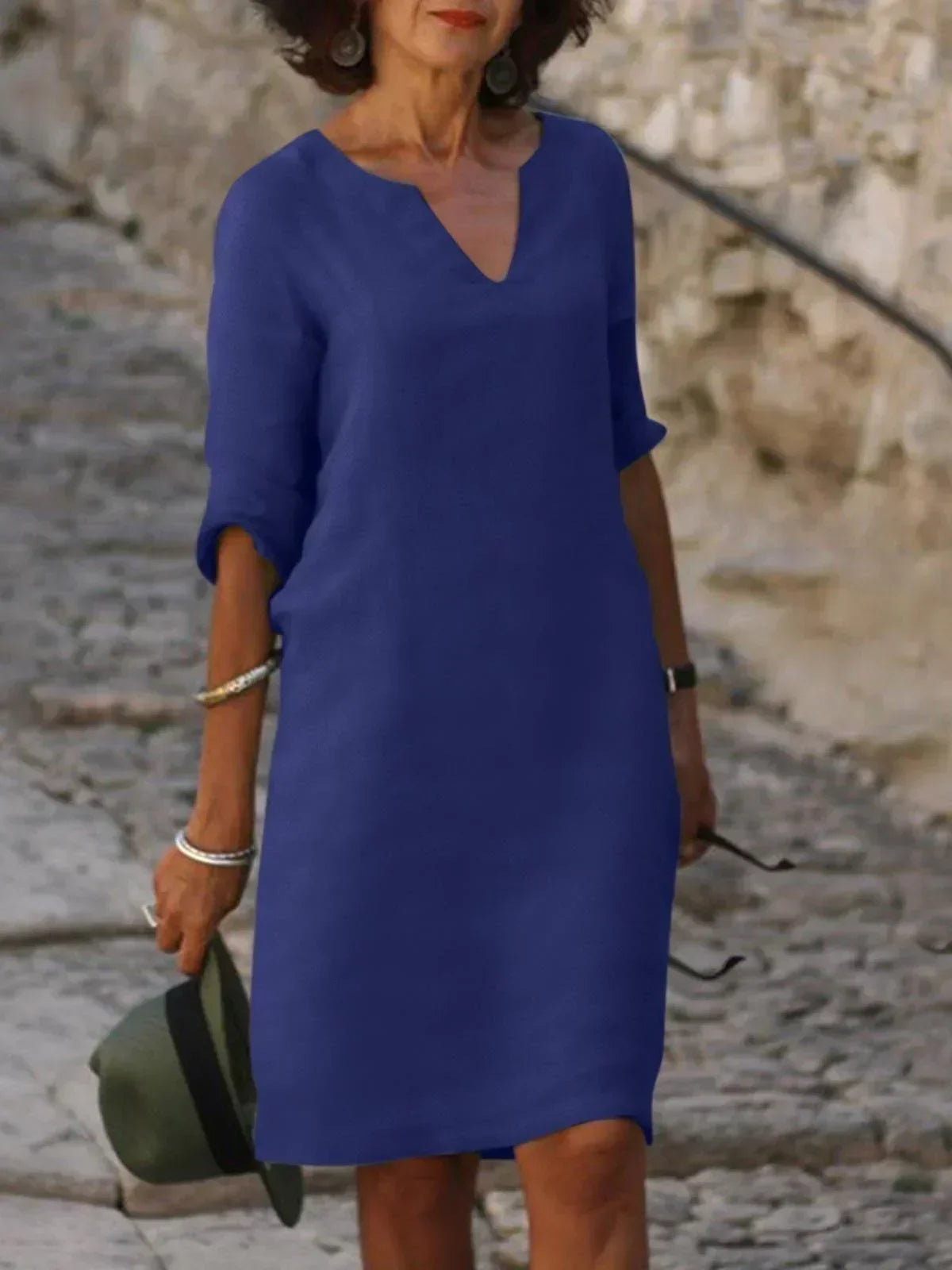 Three Quarter Sleeve V Neck Relaxed Linen Midi Dress