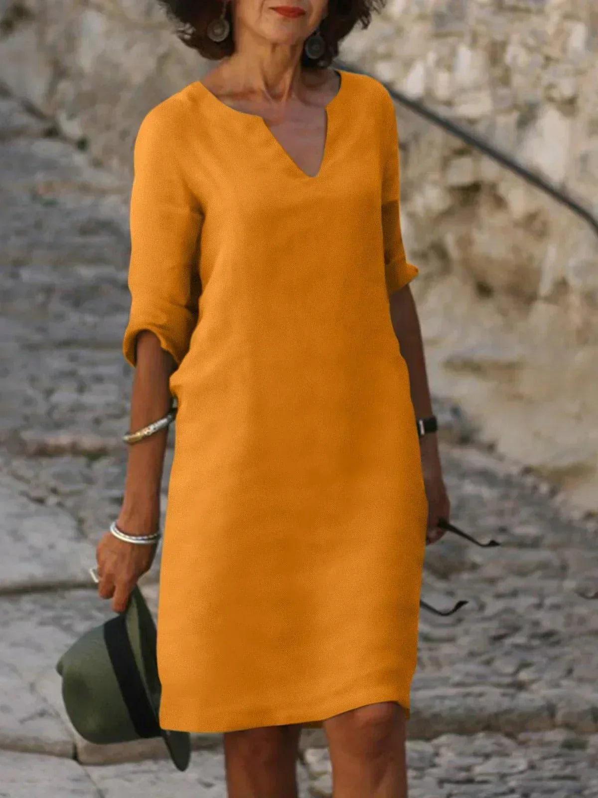 Three Quarter Sleeve V Neck Relaxed Linen Midi Dress