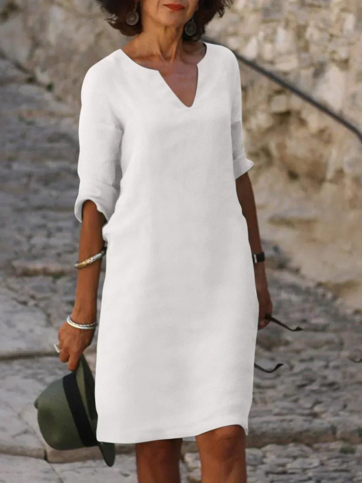 Three Quarter Sleeve V Neck Relaxed Linen Midi Dress
