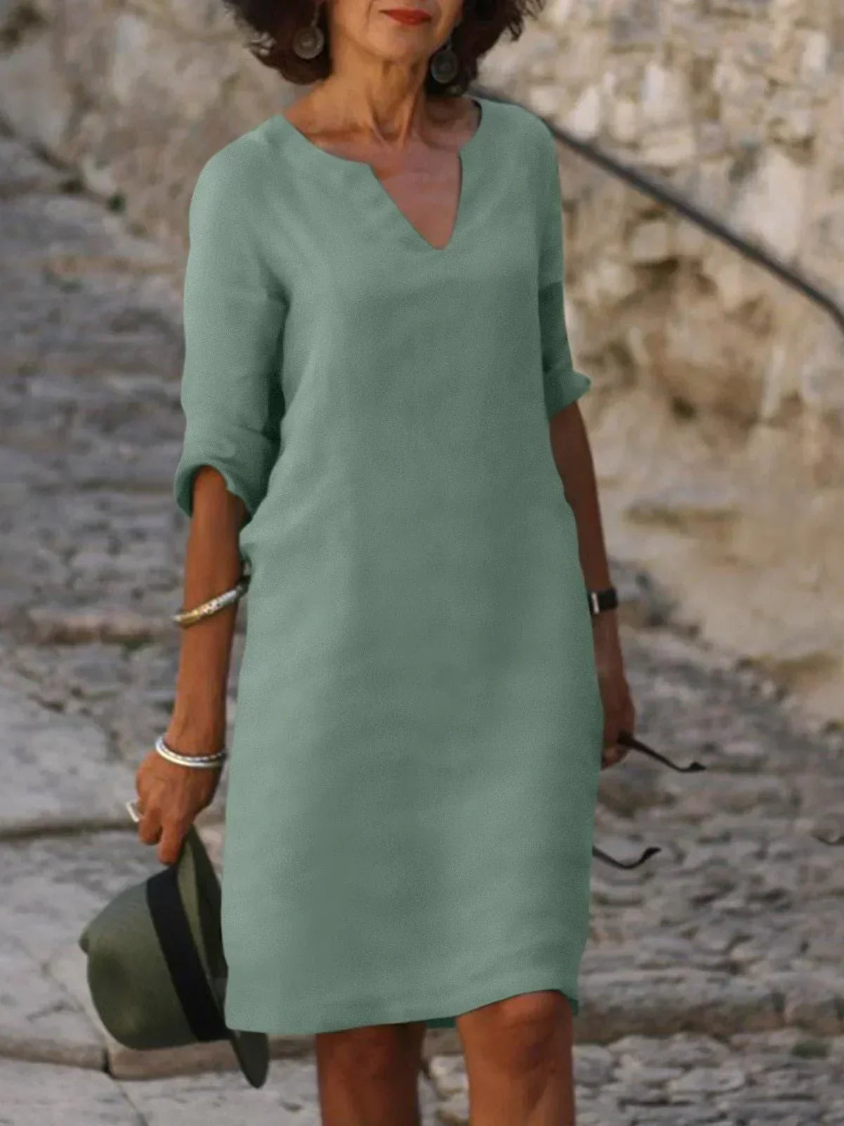 Three Quarter Sleeve V Neck Relaxed Linen Midi Dress