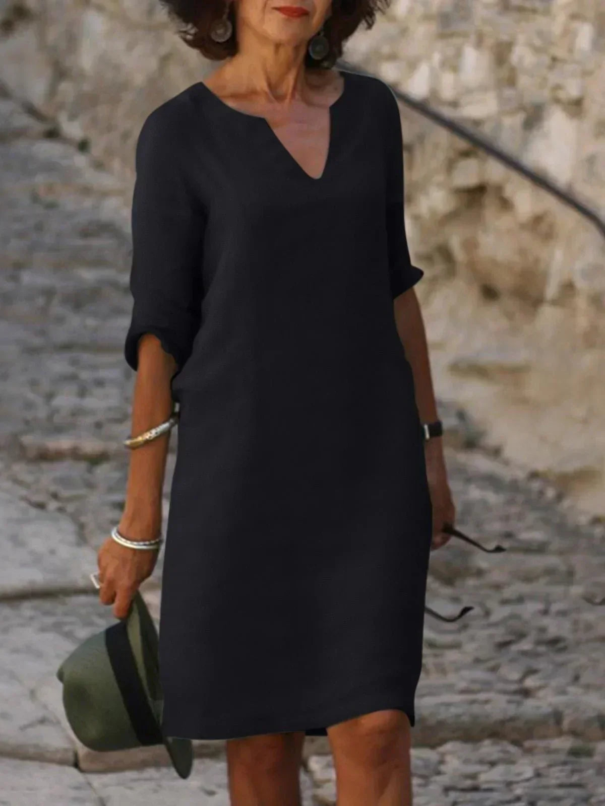 Three Quarter Sleeve V Neck Relaxed Linen Midi Dress