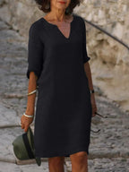 Three Quarter Sleeve V Neck Relaxed Linen Midi Dress