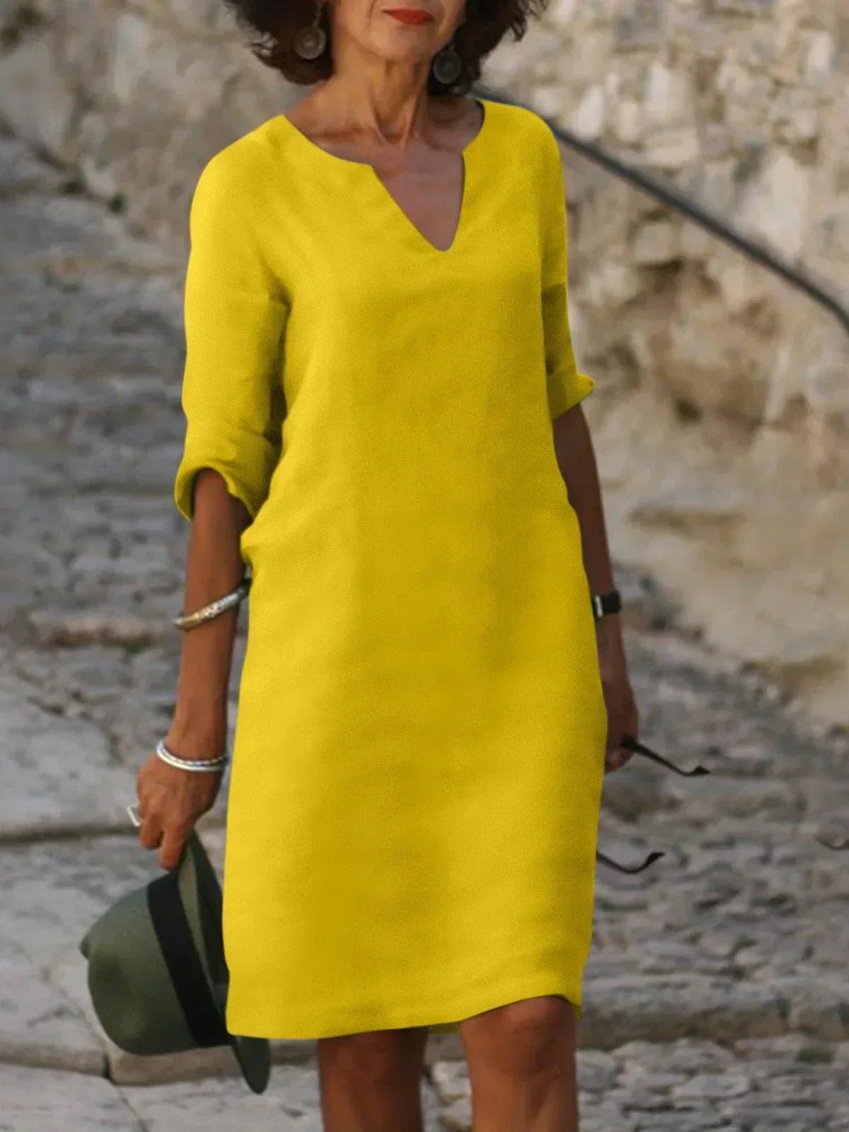 Three Quarter Sleeve V Neck Relaxed Linen Midi Dress