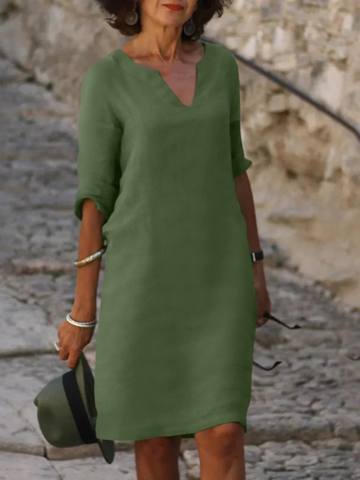 Three Quarter Sleeve V Neck Relaxed Linen Midi Dress