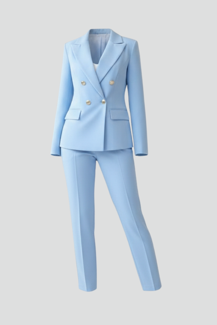 Double Breasted Gold Button Peak Lapel Blazer and Slim Pant Tailored Set