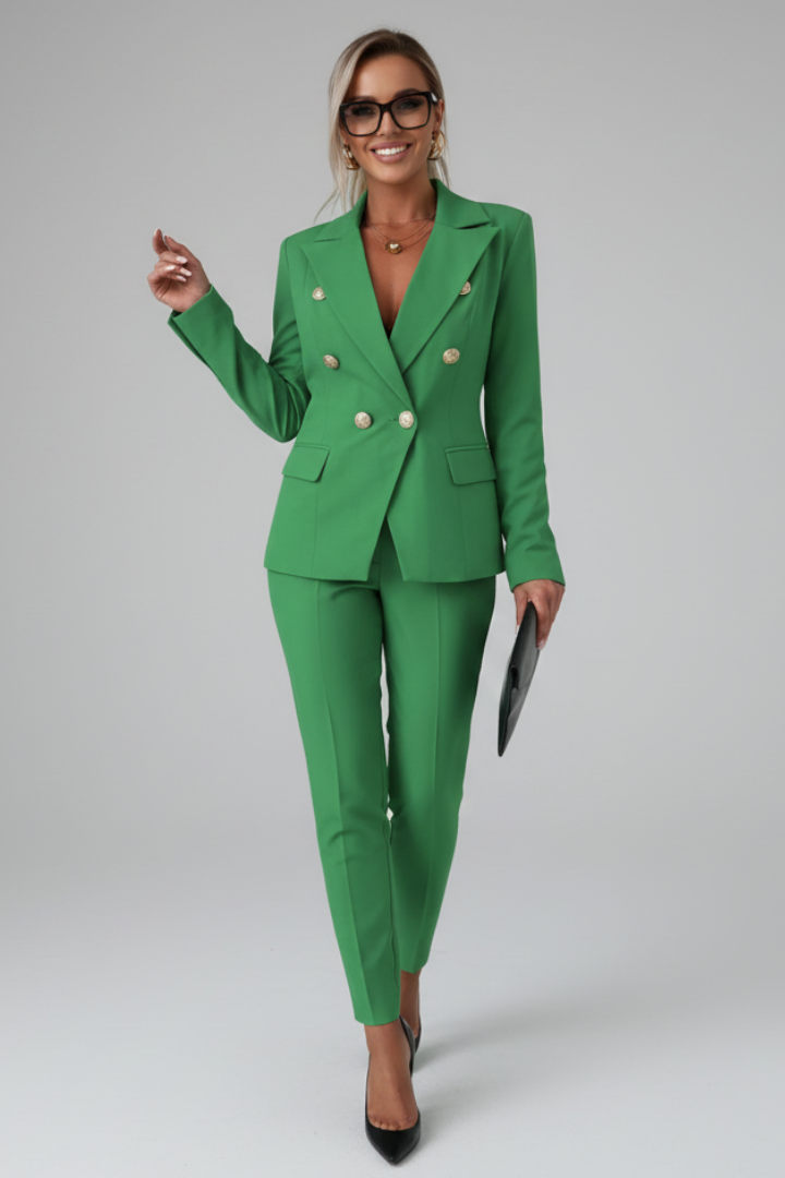 Double Breasted Gold Button Peak Lapel Blazer and Slim Pant Tailored Set