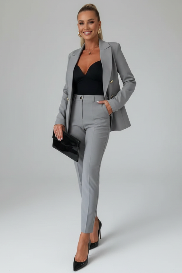 Double Breasted Gold Button Peak Lapel Blazer and Slim Pant Tailored Set