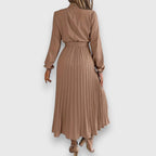 Ruched Mock Neck Bow Tie Waist Pleated Skirt Long Sleeve Midi Dress