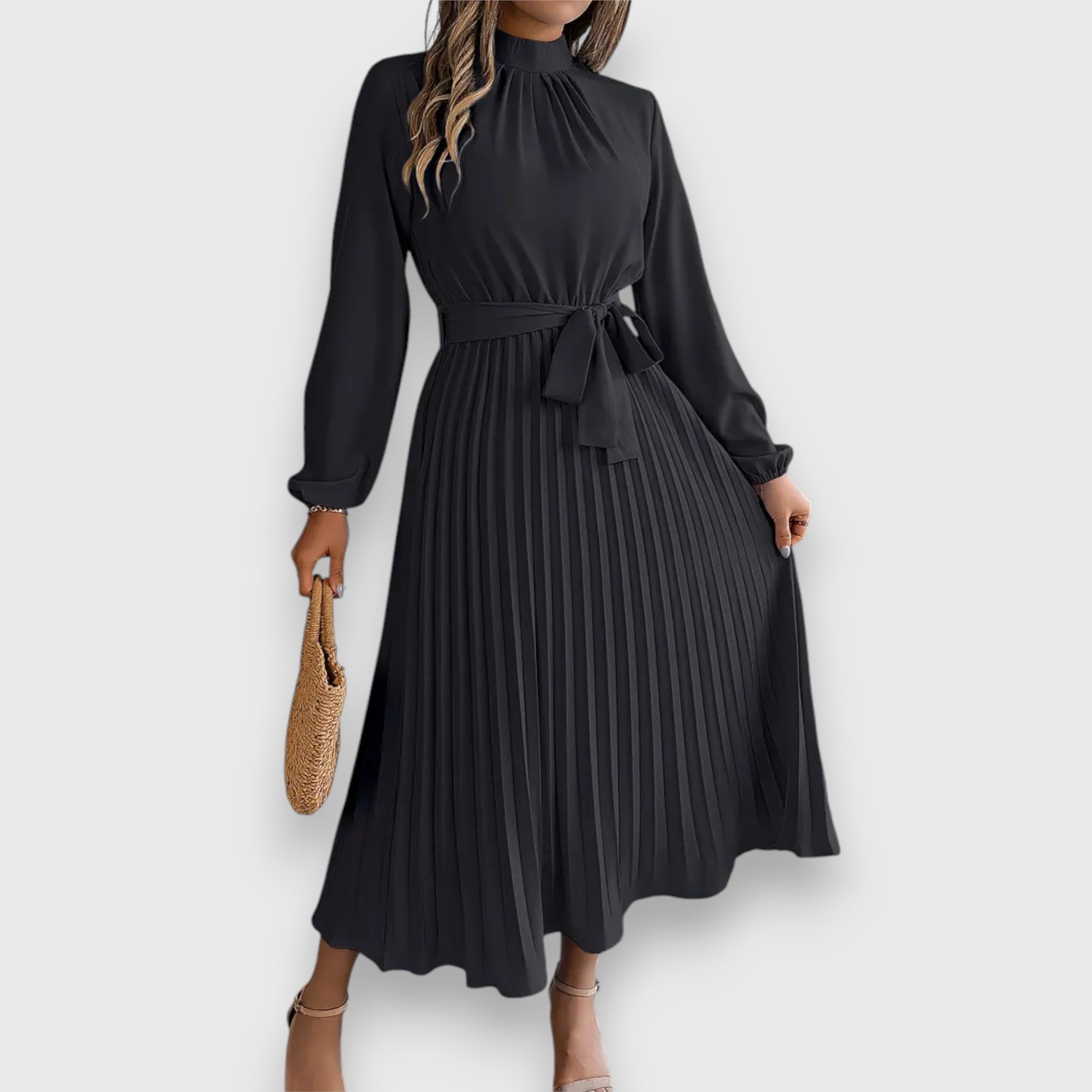 Ruched Mock Neck Bow Tie Waist Pleated Skirt Long Sleeve Midi Dress