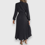 Ruched Mock Neck Bow Tie Waist Pleated Skirt Long Sleeve Midi Dress