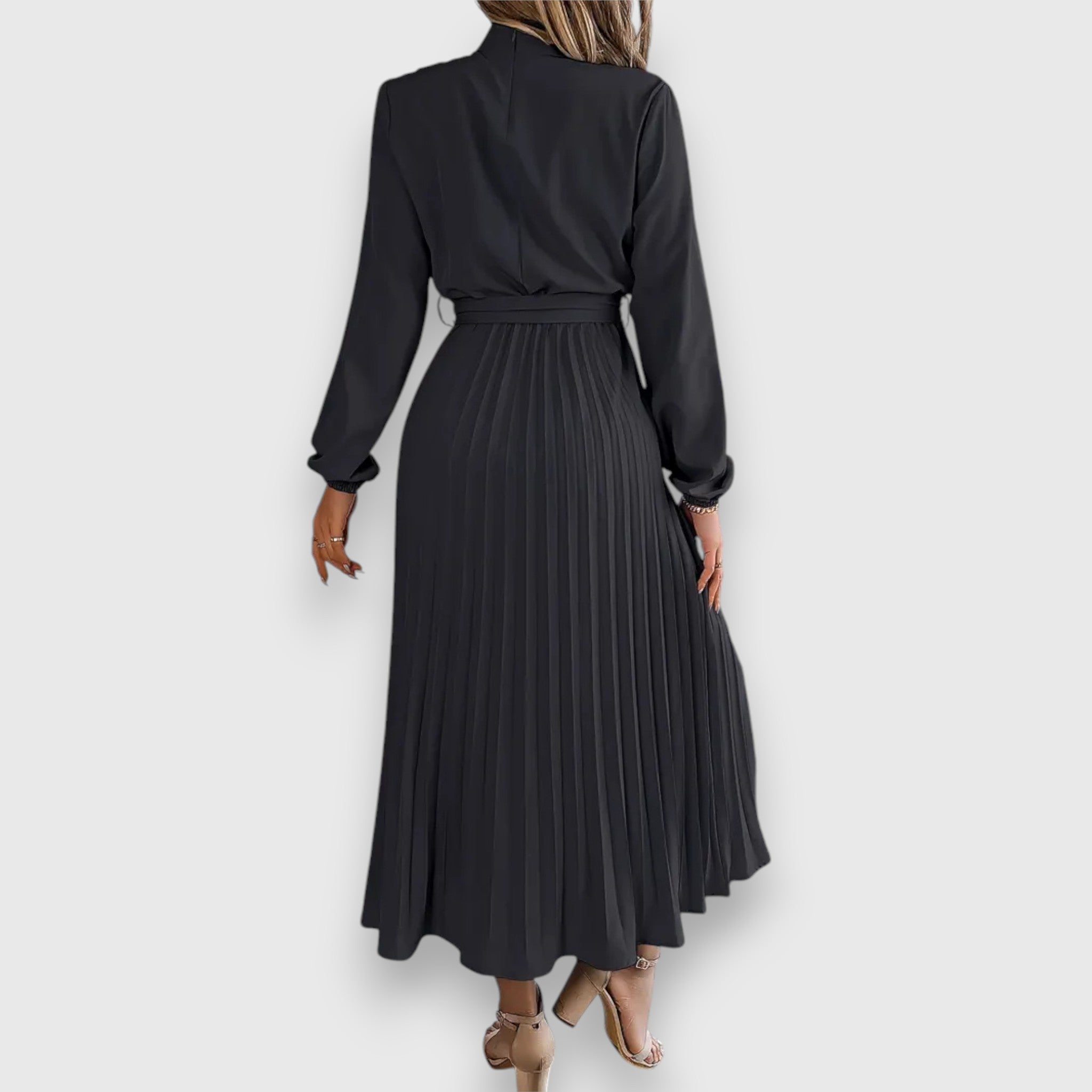 Ruched Mock Neck Bow Tie Waist Pleated Skirt Long Sleeve Midi Dress
